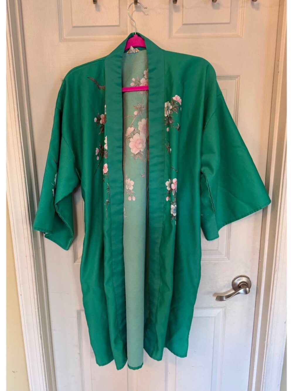 Vintage Green Cherry Blossom Short Sleeve Robe Kimono Satin Luxury One Size - Picture 6 of 8